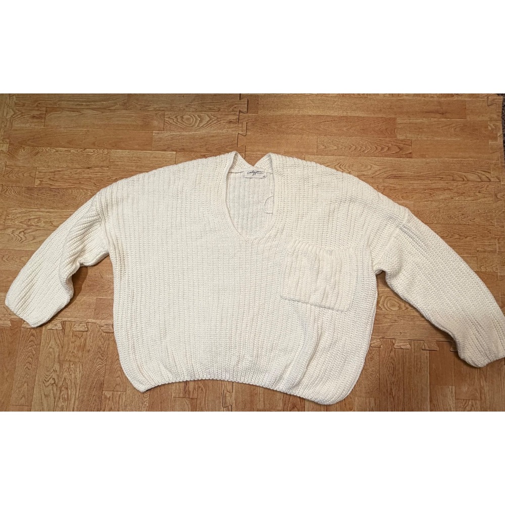 Carly Jean Los Angeles Women Cream White Oversized V-Neck Ribbed Sweater M/L